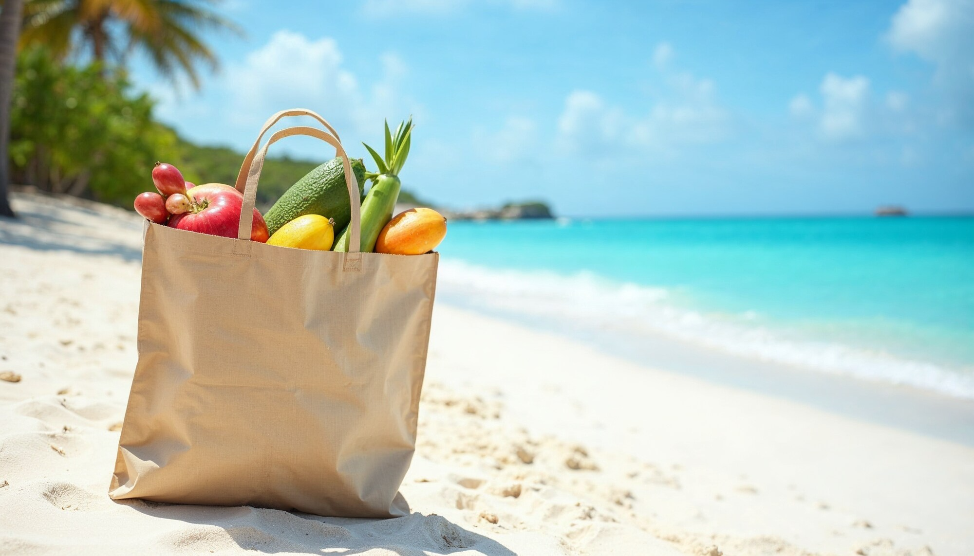 Reusable shopping bag on beach in Aruba