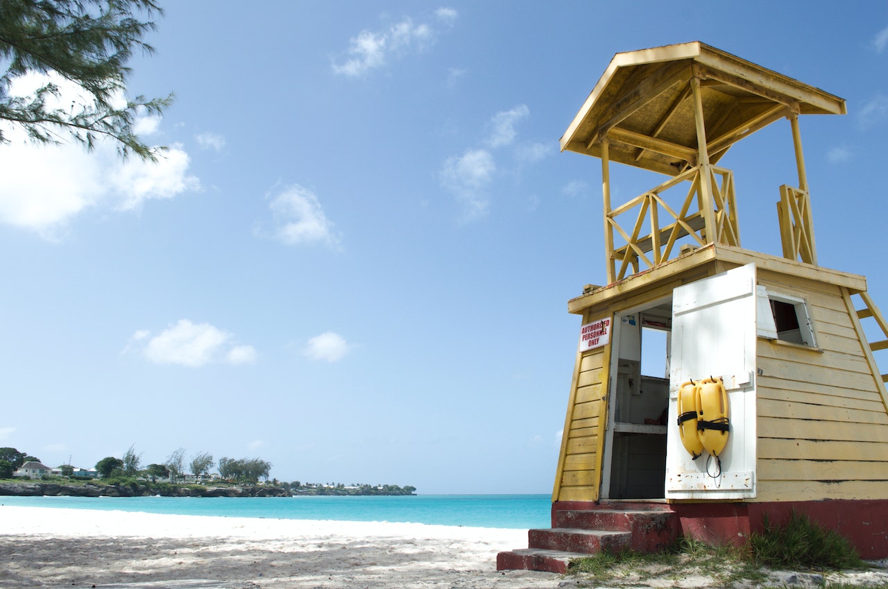 A lifeguard tower on a beach in Barbados. 