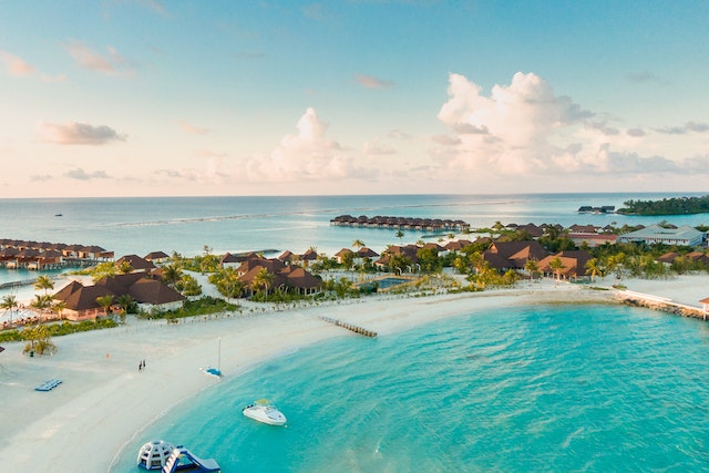 A view of a beautiful island resort in the Caribbean.