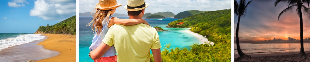 Left to right: Flamenco Beach in Culebra, Puerto Rico. Father and child overlooking Trunk Bay, USVI. Sunset Caribbean beach