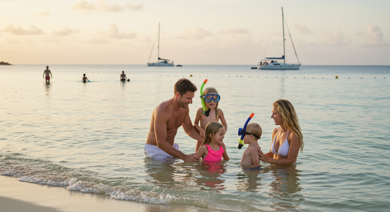 Father, mother and three kids in the water at Caribbean beach.