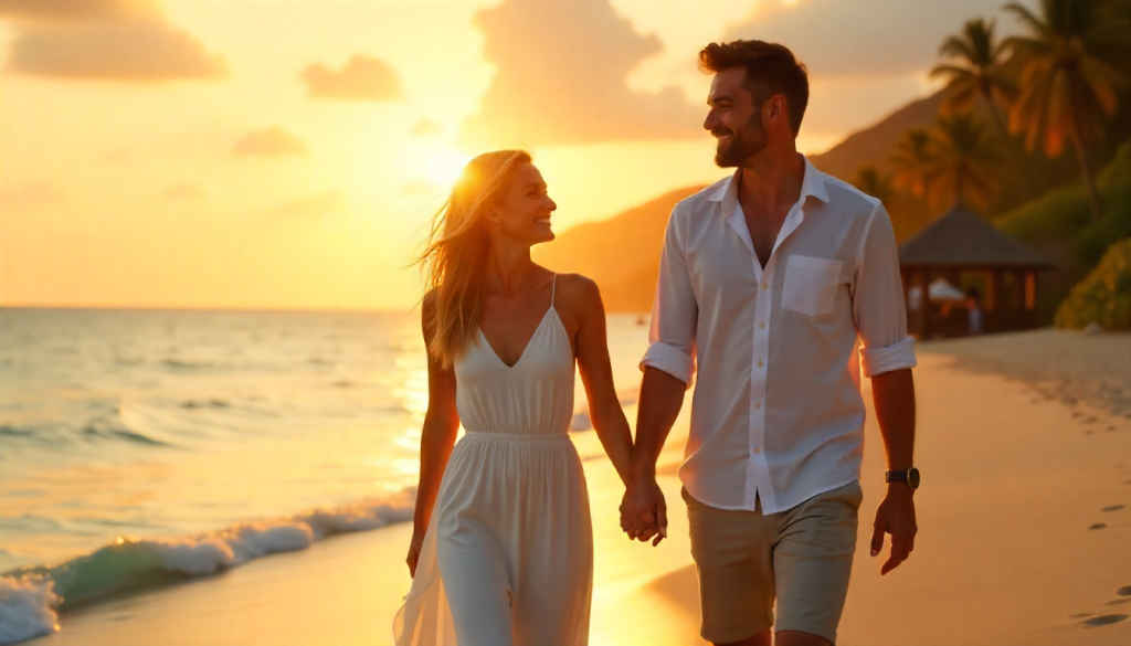 Uomini e donne camminano di mano nella mano sulla spiaggia.